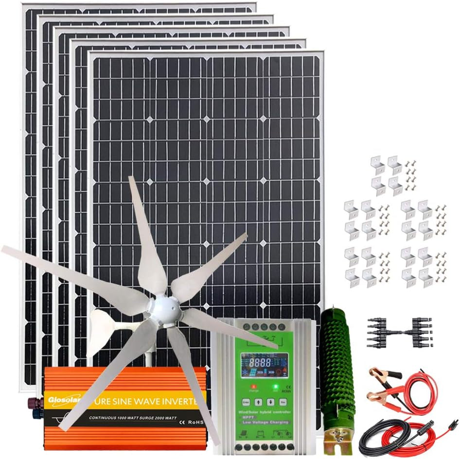 1000W Solar Wind Hybrid Kit 12V Battery Charger: 5Pcs 120W Monocrystalline Solar Panel,400W Wind Turbine Generator,Hybrid MPPT Charge Controller & 1000W Inverter & Brackets