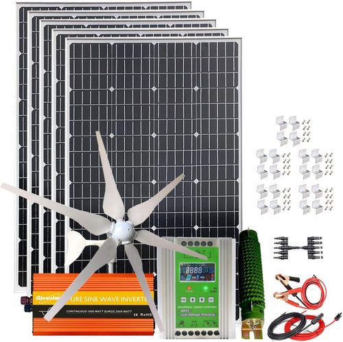 1000W Solar Wind Hybrid Kit 12V Battery Charger: 5Pcs 120W Monocrystalline Solar Panel,400W Wind Turbine Generator,Hybrid MPPT Charge Controller & 1000W Inverter & Brackets